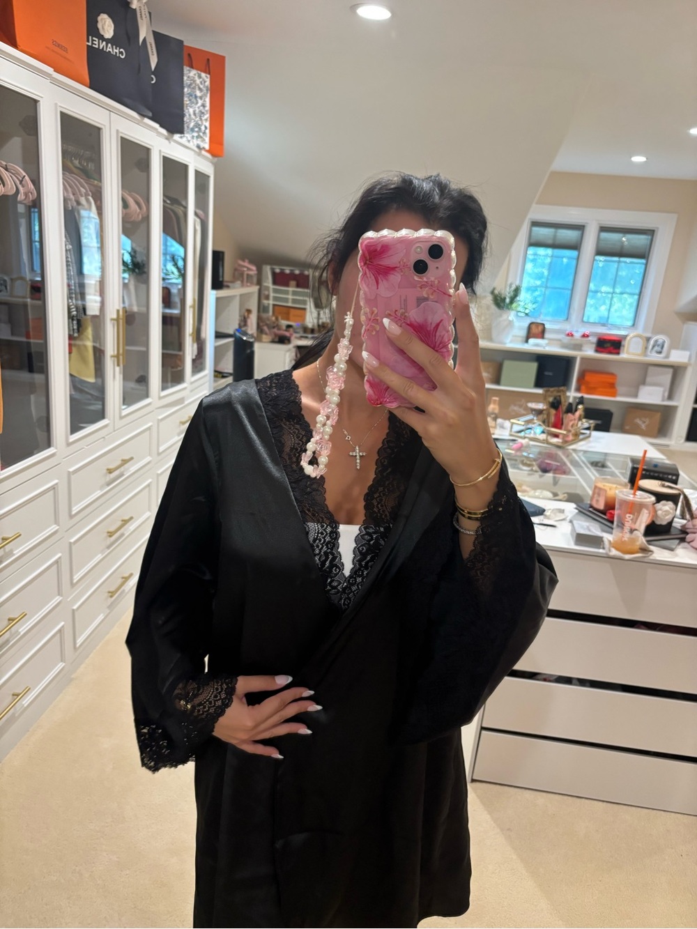 Source Unknown Black Satin Robe with Lace Trim